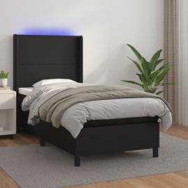 Pat continental cu saltea & led, negru, 80x200 cm, piele eco