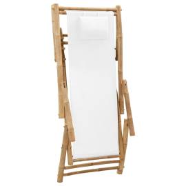Scaun pliabil, alb crem, bambus și pânză, 6 image