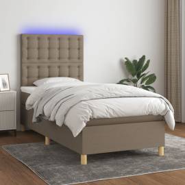 Pat cu arcuri, saltea și led, gri taupe, 90x190 cm, textil