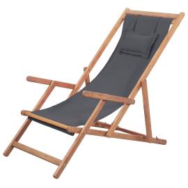 Scaun de plajă pliabil, gri, textil și cadru din lemn
