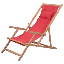 Scaun de plajă pliabil, roșu, textil și cadru din lemn