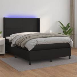 Pat continental cu saltea & led, negru, 140x190 cm, piele eco