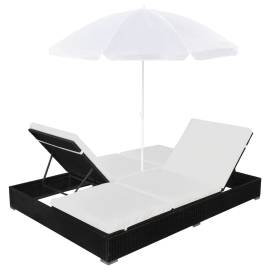 Pat șezlong de exterior cu umbrelă, negru, poliratan, 5 image