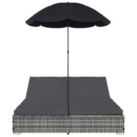 Pat șezlong de exterior cu umbrelă, gri, poliratan, 3 image