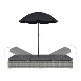 Pat șezlong de exterior cu umbrelă, gri, poliratan, 5 image