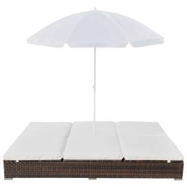 Pat șezlong de exterior cu umbrelă, maro, poliratan, 2 image