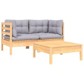 Set mobilier de grădină cu perne gri, 3 piese, lemn masiv pin, 2 image