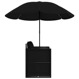 Pat de grădină cu umbrelă de soare, negru, poliratan, 6 image