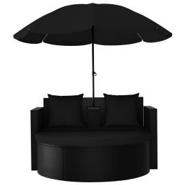 Pat de grădină cu umbrelă de soare, negru, poliratan, 3 image