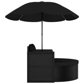 Pat de grădină cu umbrelă de soare, negru, poliratan, 5 image