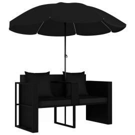 Pat de grădină cu umbrelă de soare, negru, poliratan, 2 image