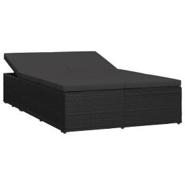 Șezlong tip pat rabatabil cu pernă, negru, poliratan, 2 image