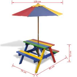 Masă de picnic pentru copii cu bănci &amp; umbrelă, lemn multicolor, 7 image