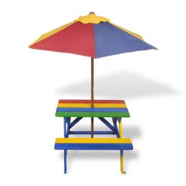 Masă de picnic pentru copii cu bănci &amp; umbrelă, lemn multicolor, 2 image