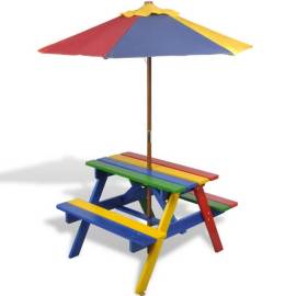 Masă de picnic pentru copii cu bănci &amp; umbrelă, lemn multicolor, 6 image