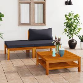 Set mobilier grădină perne gri închis, 3 piese, lemn acacia