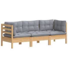 Canapea de grădină cu 3 locuri, cu perne gri, lemn masiv pin, 3 image