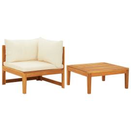 Set mobilier grădină perne alb/crem, 2 piese, lemn masiv acacia