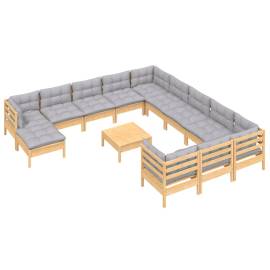 Set mobilier de grădină cu perne, 13 piese, gri, lemn de pin, 3 image