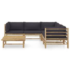 Set mobilier de grădină, 6 piese, perne gri închis, bambus, 2 image