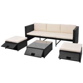 Set mobilier de grădină cu perne, 4 piese, negru, poliratan, 3 image