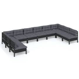 Set mobilier grădină cu perne, 10 piese, negru, lemn masiv pin, 2 image