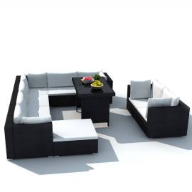 Set mobilier de grădină cu perne, 10 piese, negru, poliratan, 3 image