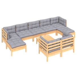 Set mobilier grădină cu perne, 10 piese, gri, lemn masiv pin, 3 image