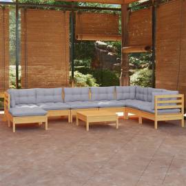 Set mobilier de grădină cu perne, 9 piese, gri, lemn masiv pin