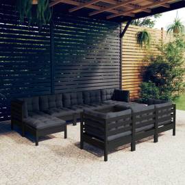 Set mobilier grădină cu perne, 10 piese, negru, lemn masiv pin