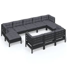 Set mobilier grădină cu perne, 10 piese, negru, lemn masiv pin, 2 image