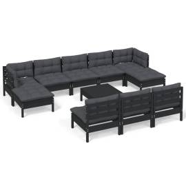 Set mobilier grădină cu perne, 11 piese, negru, lemn de pin, 2 image