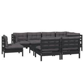 Set mobilier grădină cu perne, 9 piese, negru, lemn masiv pin, 3 image