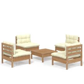Set mobilier grădină cu perne crem, 5 piese, lemn de pin, 2 image