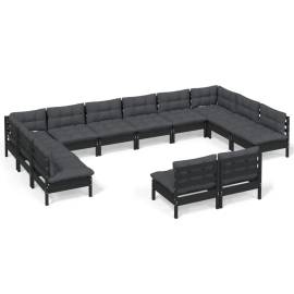 Set mobilier grădină cu perne, 12 piese, negru, lemn masiv pin, 2 image