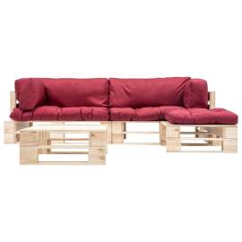 Set mobilier de grădină paleți cu perne roșii, 4 piese, lemn, 2 image