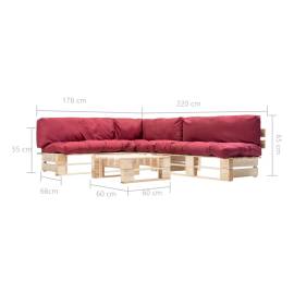 Set mobilier de grădină paleți cu perne roșii, 4 piese, lemn, 5 image