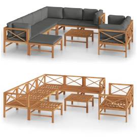 Set mobilier grădină cu perne gri, 10 piese, lemn masiv de tec, 2 image