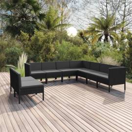 Set mobilier de grădină cu perne, 9 piese, negru, poliratan