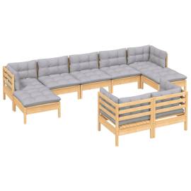 Set mobilier de grădină cu perne, 9 piese, gri, lemn masiv pin, 3 image