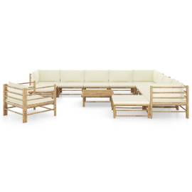 Set mobilier grădină, 12 piese, perne alb crem, bambus, 2 image