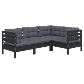 Set mobilier grădină cu perne, 4 piese, negru, lemn de pin, 3 image