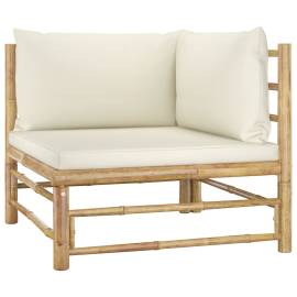 Set mobilier de grădină, 7 piese, perne alb crem, bambus, 3 image