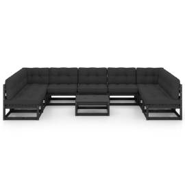 Set mobilier grădină cu perne, 10 piese, negru, lemn masiv pin, 3 image