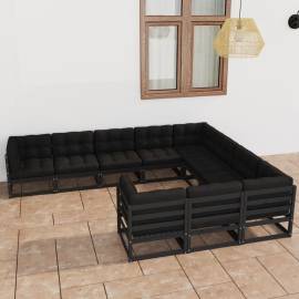 Set mobilier grădină cu perne, 10 piese, negru, lemn masiv pin