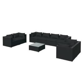 Set mobilier de grădină cu perne, 9 piese, negru, poliratan, 2 image