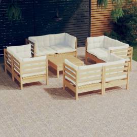 Set mobilier grădină cu perne crem,9 piese, lemn masiv de pin