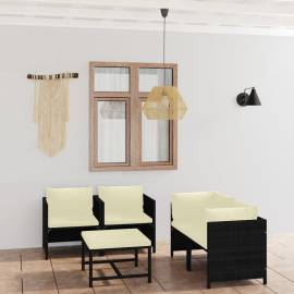 Set mobilier de grădină cu perne, 5 piese, negru, poliratan