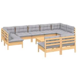 Set mobilier de grădină cu perne, 10 piese, gri, lemn masiv pin, 3 image