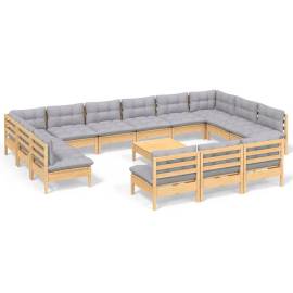 Set mobilier de grădină cu perne, 14 piese, gri, lemn masiv pin, 2 image